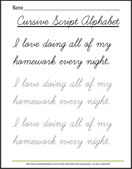 Cursive Script Homework Practice Sheet  Student Handouts