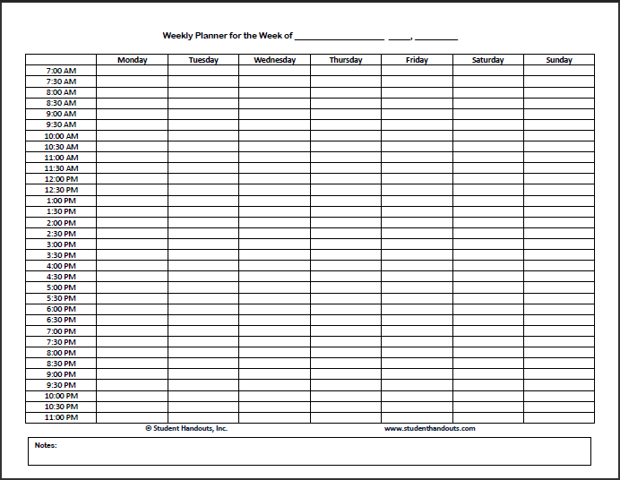 Free Printable WeeklyHourlyDaily Planner Student Handouts