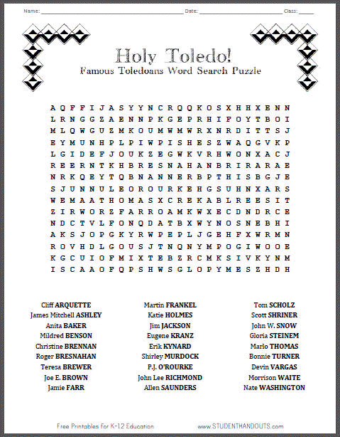 Famous People from Toledo, Ohio, Word Search Puzzle Worksheet - Free to Print (PDF File)