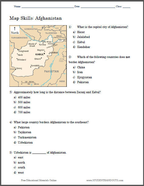 Afghanistan Map Worksheet - Free to print (PDF file).