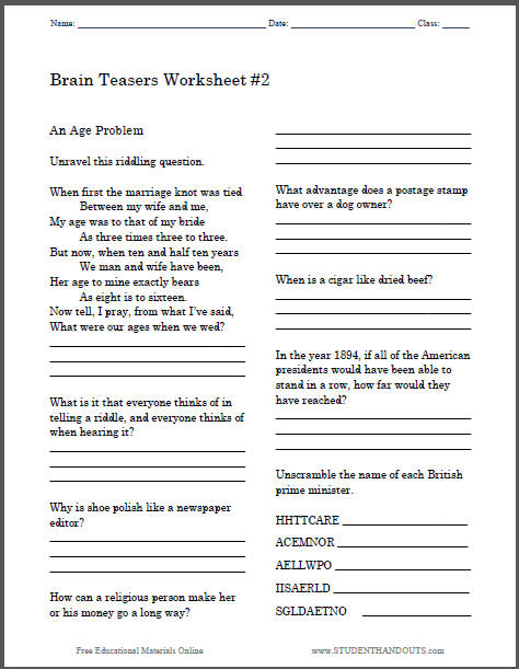 Brain Teasers Worksheet #2