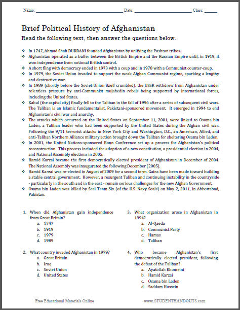 Brief Political History of Afghanistan Mutiple-Choice Worksheet - Free to print (PDF file).