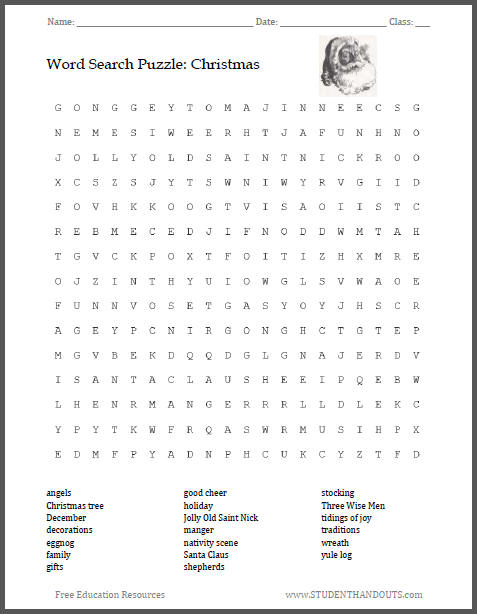 Christmas Holiday Word Search Puzzle Student Handouts