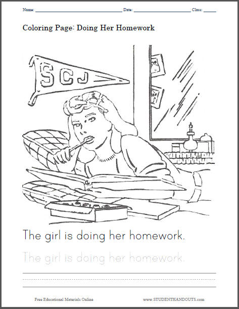 Girl Doing Her Homework Coloring Page for Kids - Free to print (PDF file).