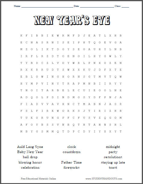 New Year's Eve Word Search Puzzle for Kids - Free Worksheet to Print
