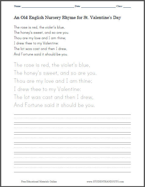 Old English St. Valentine's Day Nursery Rhyme Poem for Kids - Free Printable Handwriting Practice Worksheet