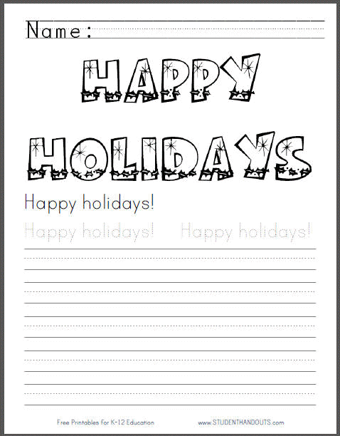 Happy holidays! Coloring sheet with handwriting practice.