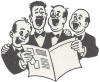four men in suits and bow ties reading a newspaper