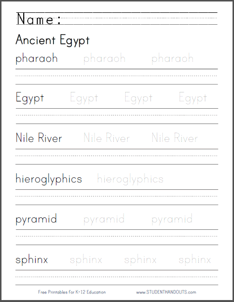 terms for ancient egypt handwriting sheet grades 1 3