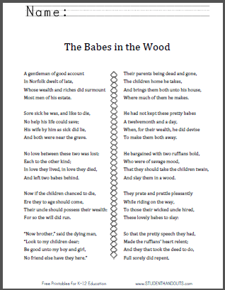 "The Babes in the Wood" Poem Worksheets - Free to print (PDF files).