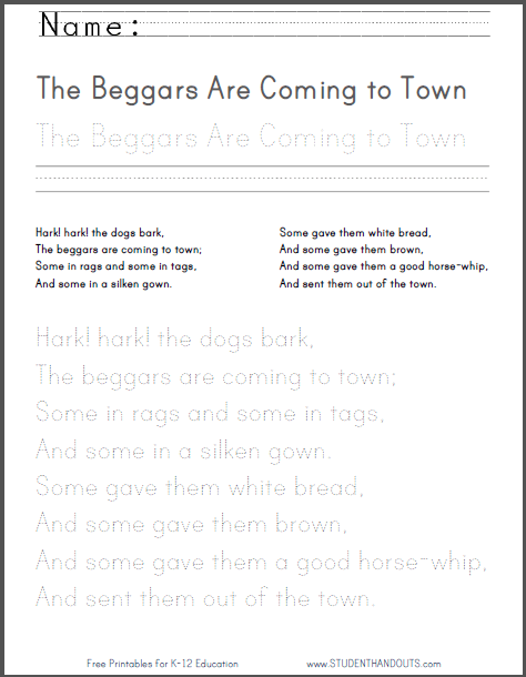 The Beggars Are Coming to Town - Printable nursery rhyme with worksheets for children.