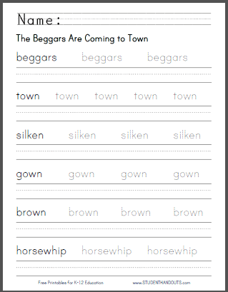 The Beggars Are Coming to Town - Printable nursery rhyme with worksheets for children.