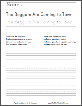 The Beggars Are Coming to Town - Printable nursery rhyme with worksheets for children.