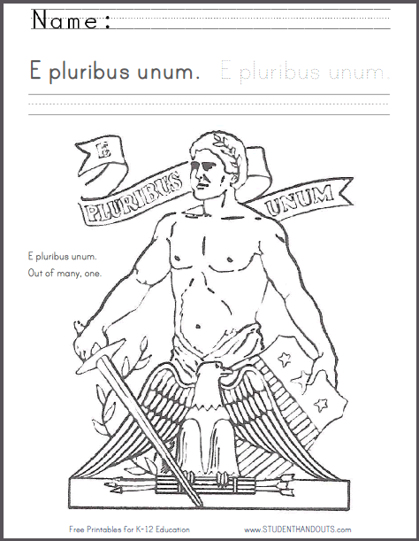 Free Printable "E Pluribus Unum" Coloring Sheet with Handwriting and Spelling Practice