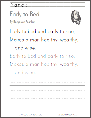 "Early to bed, early to rise" Benjamin Franklin Proverb Worksheets - Free to Print (PDF Files)