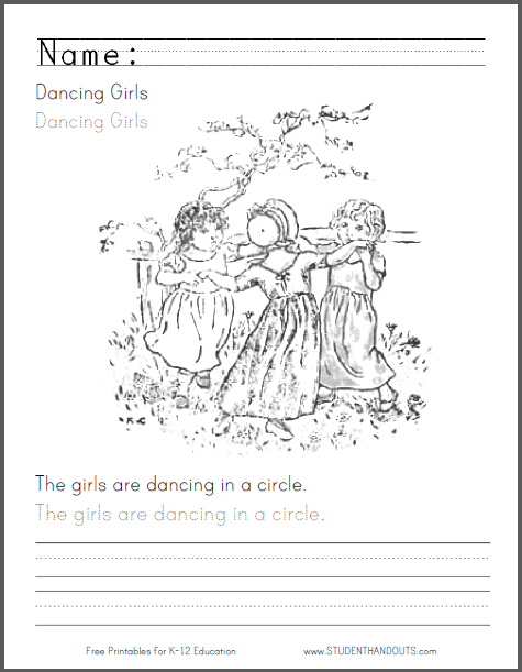 Dancing Girls Coloring Page with Writing Practice - Free to print (PDF file).