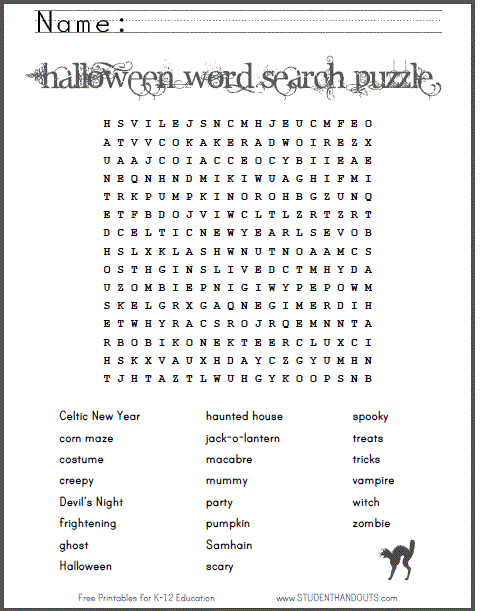 Halloween Word Search Puzzle for Kids - Free to print (PDF file).