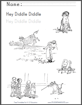 Hey Diddle Diddle - Free printable nursery rhyme worksheets for kids.