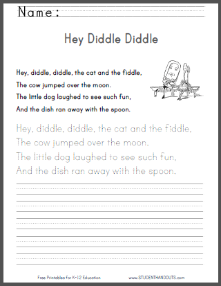 Hey Diddle Diddle - Free printable nursery rhyme worksheets for kids.