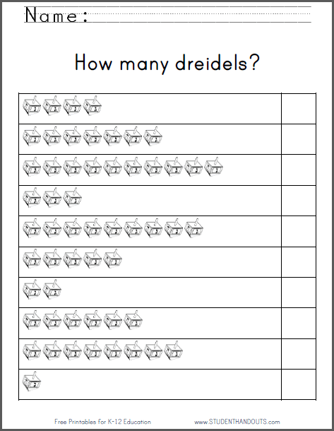 How many dreidels? Counting worksheet for Hanukkah.