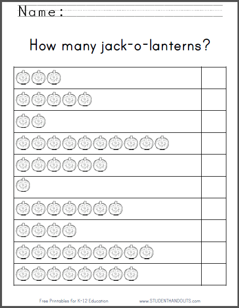 How many jack-o'-lanterns? Free printable counting worksheet.