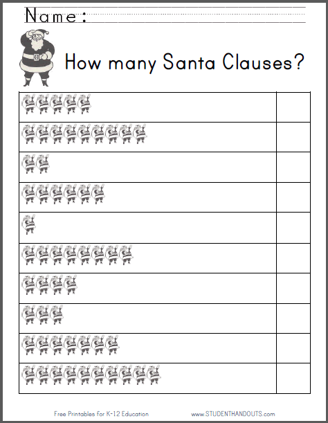 How many Santa Clauses? Kindergarten Counting Worksheet - Free to print (PDF file).