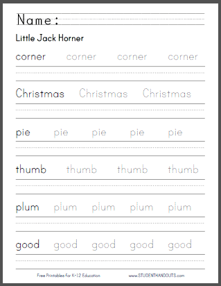 Little Jack Horner - Nursery Rhyme Worksheets for Kids - Free to print (PDF files).