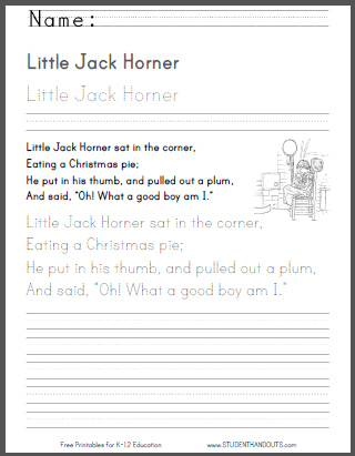 Little Jack Horner - Nursery Rhyme Worksheets for Kids - Free to print (PDF files).