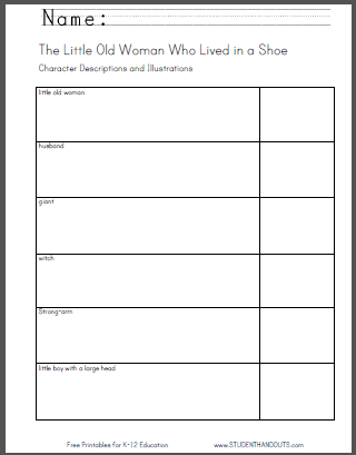 The Little Old Woman Who Lived in a Shoe - Free literature printables, including the fairy tale eBook (print or cursive), nursery rhyme, and numerous worksheets.
