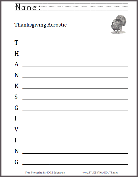 Thanksgiving Acrostic Poem Worksheet - Free to print (PDF file).