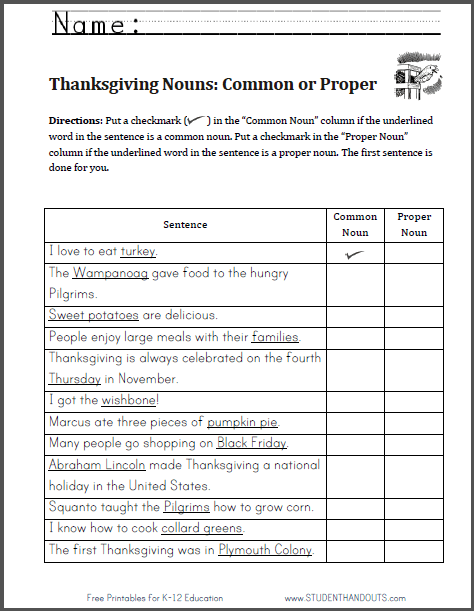 Thanksgiving Nouns: Common or Proper Worksheet - Free to print (PDF file).