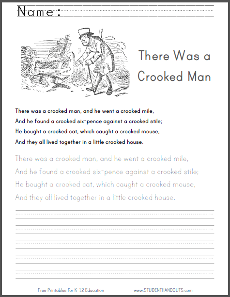 There Was a Crooked Man - Nursery rhyme worksheet for kindergarten. Free to print (PDF file).