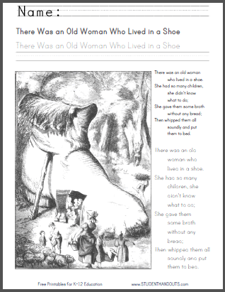 The Little Old Woman Who Lived in a Shoe - Free literature printables, including the fairy tale eBook (print or cursive), nursery rhyme, and numerous worksheets.