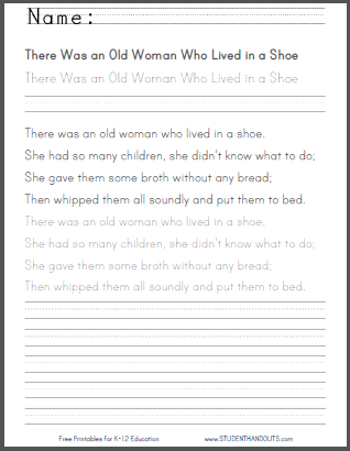 The Little Old Woman Who Lived in a Shoe - Free literature printables, including the fairy tale eBook (print or cursive), nursery rhyme, and numerous worksheets.