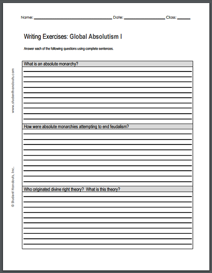 Absolute Monarchy Essay Questions Handouts - Free to print (PDF files) for high school World History students.