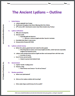 History of the Ancient Lydians - Free printable outline for high school World History and Global Studies.