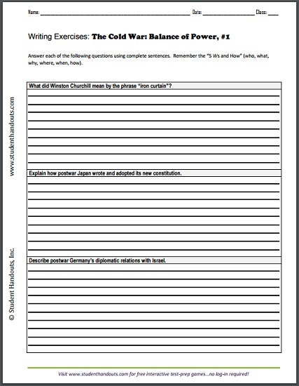 Cold War Writing Exercises Worksheets - Free to print (PDF files) for high school World History students.