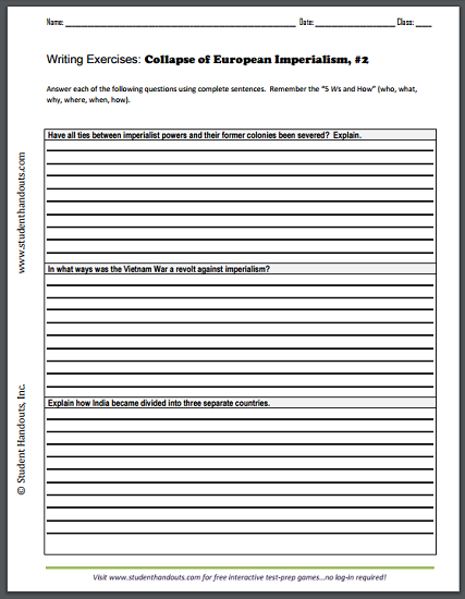Collapse of Imperialism Essay Questions Worksheets - Free to print (PDF files). For high school World History students.