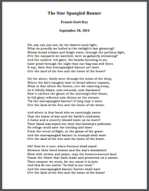 The Star Spangled Banner - Written by Francis Scott Key - September 20, 1814