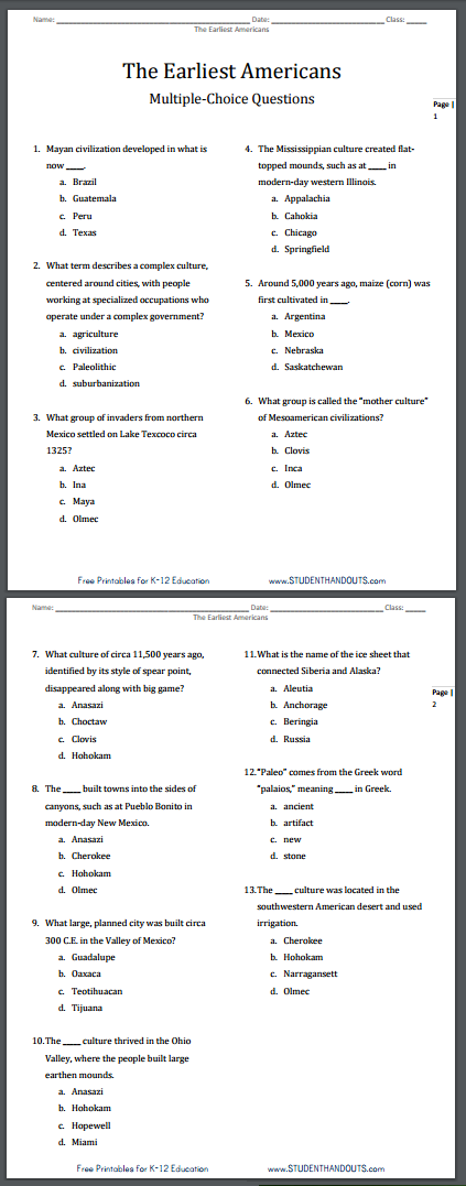 Earliest American Cultures Printable Quiz | Student Handouts