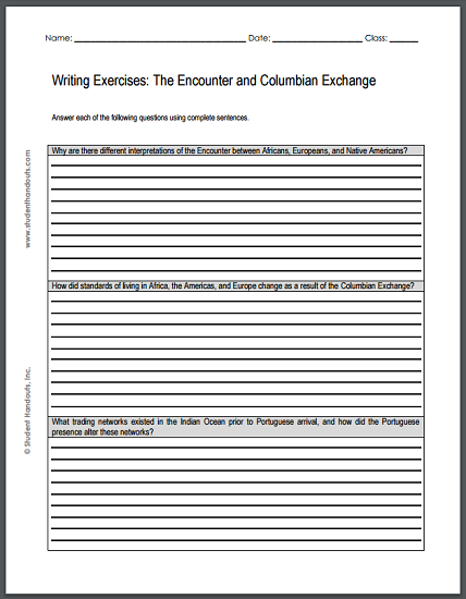 Encounter and Columbian Exchange Writing Exercises - Free to print (PDF file) for high school World History students.