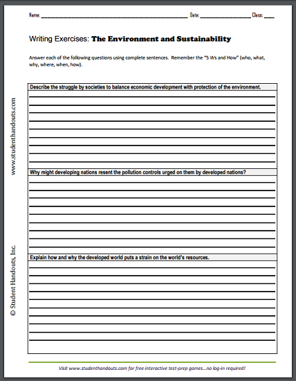 Environmental Sustainability Writing Exercises - Free to print (PDF file) for high school World History students.