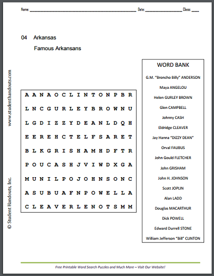 Famous Arkansans Word Search Puzzle - Free to print (PDF file).