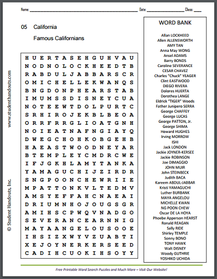 Famous Californians Word Search Puzzle - Free to print (PDF file).