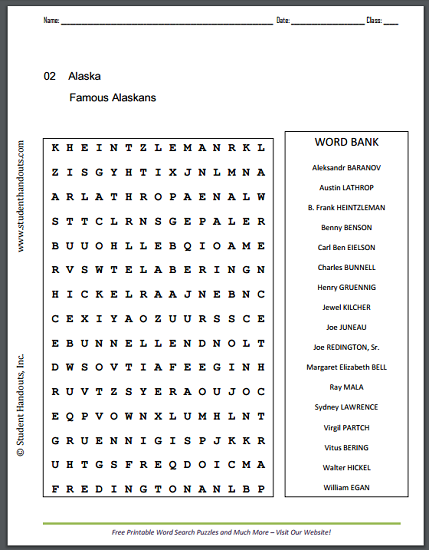 Famous Alaskans Word Search Puzzle - Free to print (PDF file).