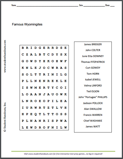 Famous Wyomingites Word Search Puzzle - Free to print (PDF file).