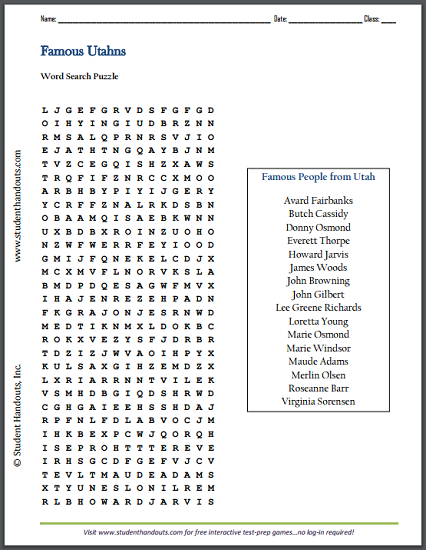 Famous Utahns Word Search Puzzle - Free to print (PDF file).