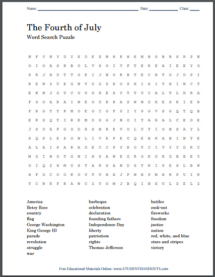 Fourth of July Word Search Puzzle - Free to print (PDF file).