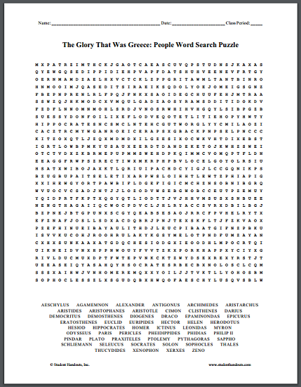 The Glory That Was Greece: People - Word search puzzle for high school World History students.