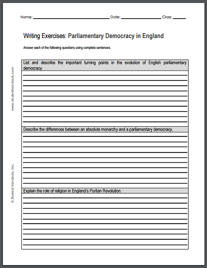 Writing Exercises on the Growth of English Parliamentary Democracy - Free to print (PDF file).
